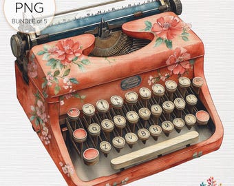 Floral Typewriter Watercolor Clipart Bundle: Transparent PNG Designs