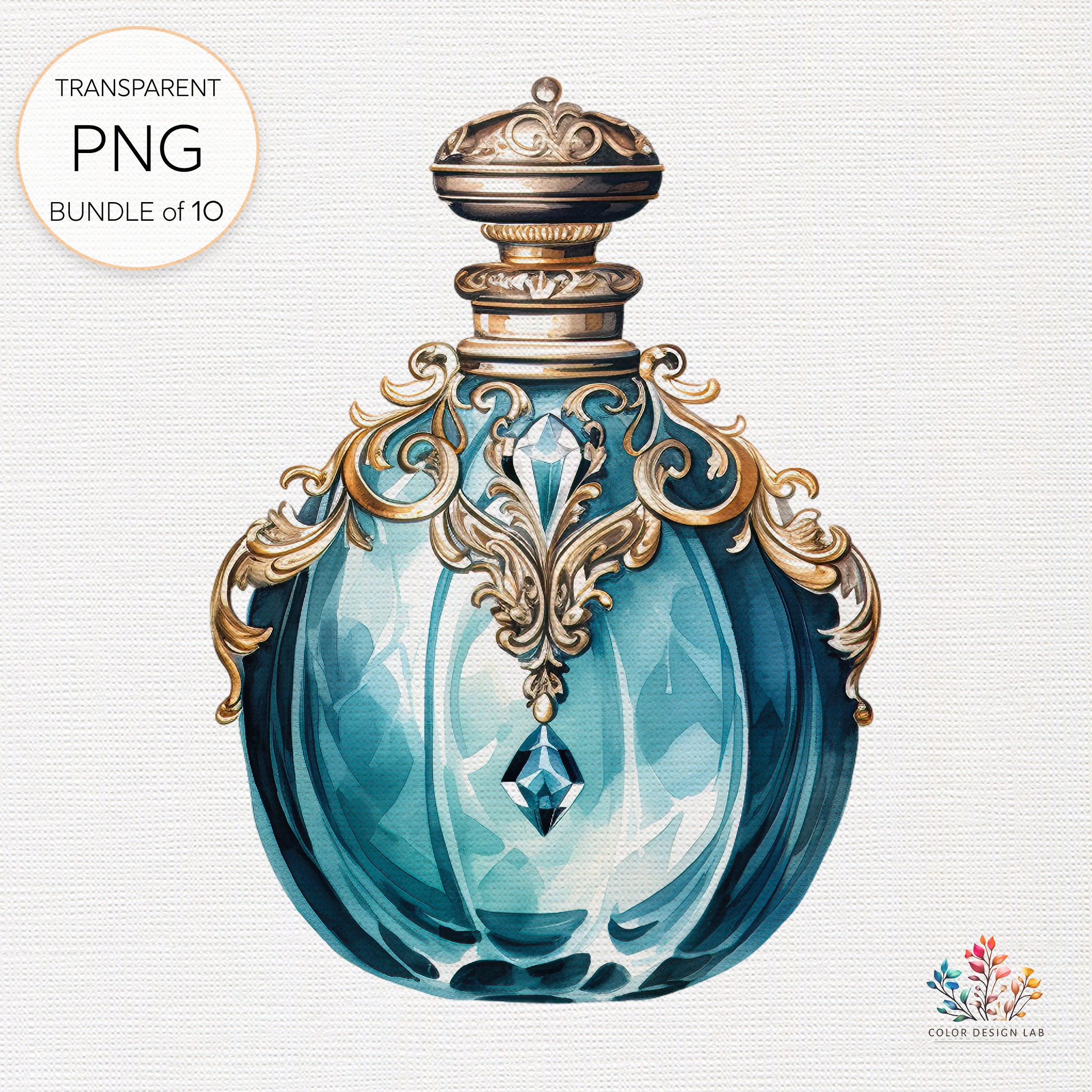 水彩画のヴィンテージ香水瓶、クラシックなフレグランスデザイン