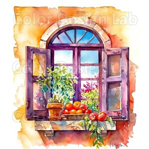 Peut inclure: Une peinture à l'aquarelle d'une fenêtre avec des volets ouverts. La fenêtre est encastrée dans un mur jaune et offre une vue sur un jardin avec des fleurs et de la verdure. Un pot de plantes vertes se trouve sur le rebord de la fenêtre, et un bol de tomates rouges se trouve sur le rebord sous la fenêtre.