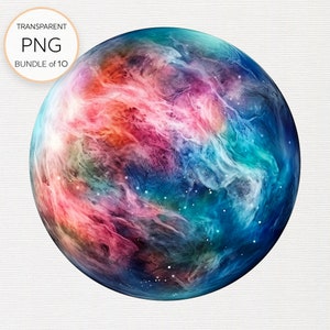 Set van 10 aquarel planeten clipart PNG's voor kosmische kaarten maken en ontwerpen met ruimtethema - instant digitale download met commerciële licentie