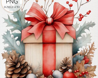 Holiday Gift Box Clipart - Wrapped Presents Illustrations, Watercolor Christmas Gifts, Mixed Media Bundle, Digital Craft PNG, Commercial Use
