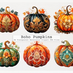 Boho pompoen clipart bundel van 36 kwaliteit transparante aquarel png digitale downloadbestanden commerciële licentie download boho pompoen png