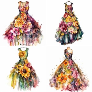 Robe fleurie Clipart - lot de 12 PNG floraux de haute qualité - téléchargement numérique - parfait pour la fabrication de cartes, faire-part, art mural et travaux manuels