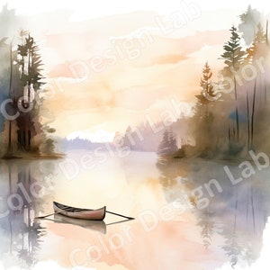 Serene Canoe Lake afdrukbare set van 8 afbeeldingen, digitale download met hoge resolutie, commerciële licentie, ontspan en geniet van de rust
