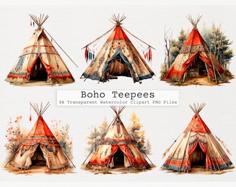 Boho tipi Clipart Bundle de 36 qualité Transparent aquarelle tipi Png téléchargement numérique fichiers licence commerciale Télécharger Boho tipi