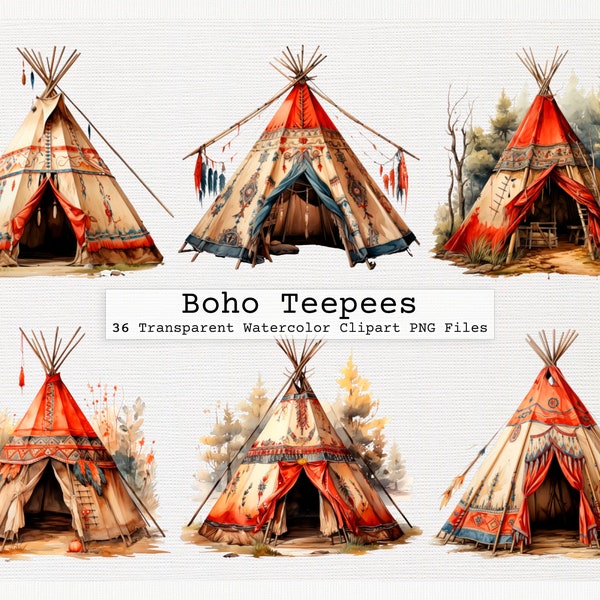 Boho Teepee Clipart Bundle Of 36 Quality Transparent Watercolor Teepee Png Digital Download Files Commercial License Download Boho Teepee