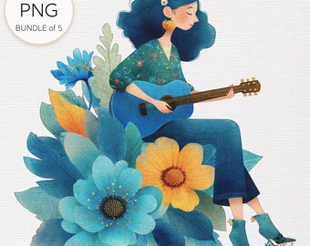 Floral watercolor clip-art bundle of 5: elegant woman with guitar - transparent pngs for creative projects & design
