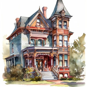 Victoriaans huis clipart, Victoriaans huis set van 8 PNG, Victoriaans huis aquarel clipart, instant digitale download, hoge resolutie