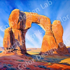 Acuarela Arte del Parque Nacional Arches de Utah, Diseño majestuoso de formación de piedra, Ilustración icónica del arco delicado, Imagen de paisajes de Red Rock