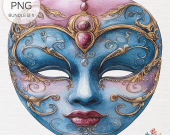 Gothic Masquerade Mask Clip Art: Watercolor Carnival PNG Bundle