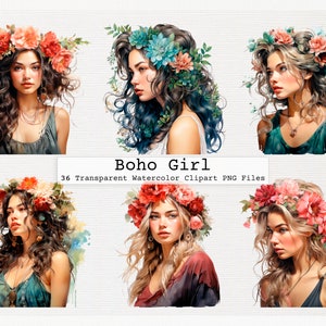 Boho Girl Clipart Pacote De 36 Qualidade Transparente Aquarela Png Arquivos De Download Digital Licença Comercial Baixar Boho Chic Png Clipart
