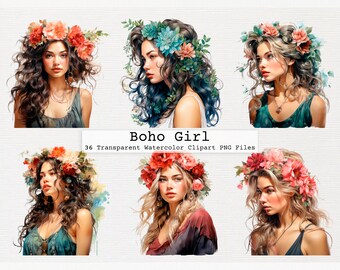 Boho Girl Clipart Paquete de 36 Calidad Transparente Acuarela Png Descarga Digital Archivos Licencia Comercial Descargar Boho Chic Png Clipart