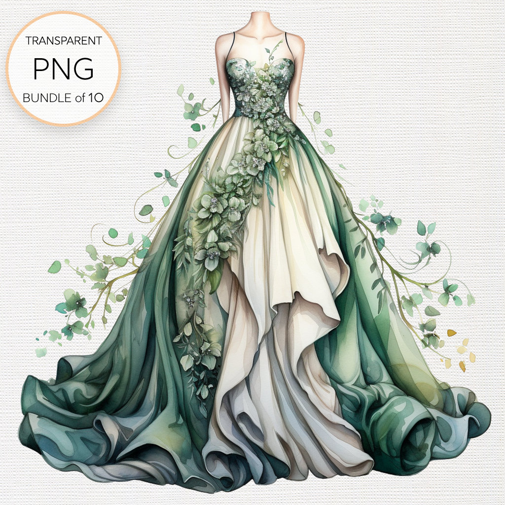 Wedding Dress Clipart, Set of 10 PNG Illustrations for Card Making ...