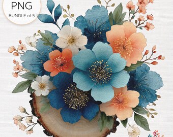 Floral wooden slice watercolor clip-art bundle of 5 transparent pngs for nature-inspired designs and crafts