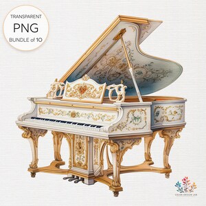 May include: Watercolor illustration of a white grand piano with gold accents and floral designs. The piano has a curved shape, a keyboard with black and white keys, and ornate legs. The text "TRANSPARENT PNG BUNDLE of 10" is in the upper left corner.