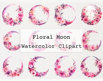 Floral Moon Clipart Watercolor Floral Moon Rose Digital Download PNG Commercial License Watercolor Floral Moon Lily PNG Clipart