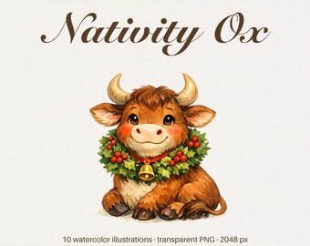 Watercolor Nativity Ox Clipart, Christmas Manger Scene Animals PNG (Digital Download)