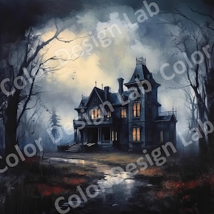 Descarga de arte imprimible de mansión gótica abandonada, conjunto de 8 PNG de alta resolución, descarga digital, clipart de casa embrujada, uso comercial