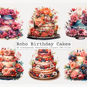 Boho Birthday Cake Clipart Bundle Of 36 Quality Transparent Watercolor Png Digital Download Files Commercial License Download Png Boho