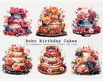 Boho Birthday Cake Clipart Bundle di 36 file di download digitale Png acquerello trasparente di qualità Licenza commerciale Scarica Png Boho