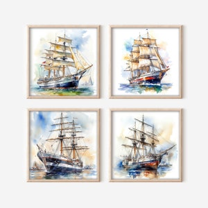 Descarga digital de Clipper Ship, juego de 4 imágenes PNG de alta resolución, imágenes prediseñadas imprimibles de Clipper Ship, descarga de arte de pared de licencia comercial