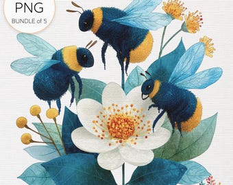 Charming watercolor bees  flowers clip-art bundle of 5  transparent pngs for diy crafts Invitations journaling  scrapbooking