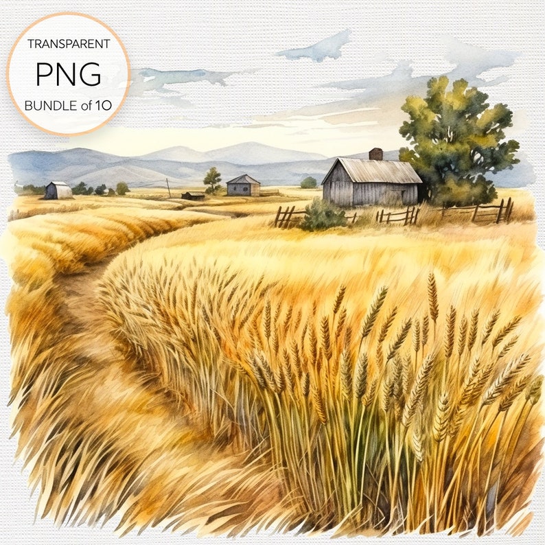Set of 10 Majestic Wheat Fields Watercolor Clipart Pngs for Nature ...