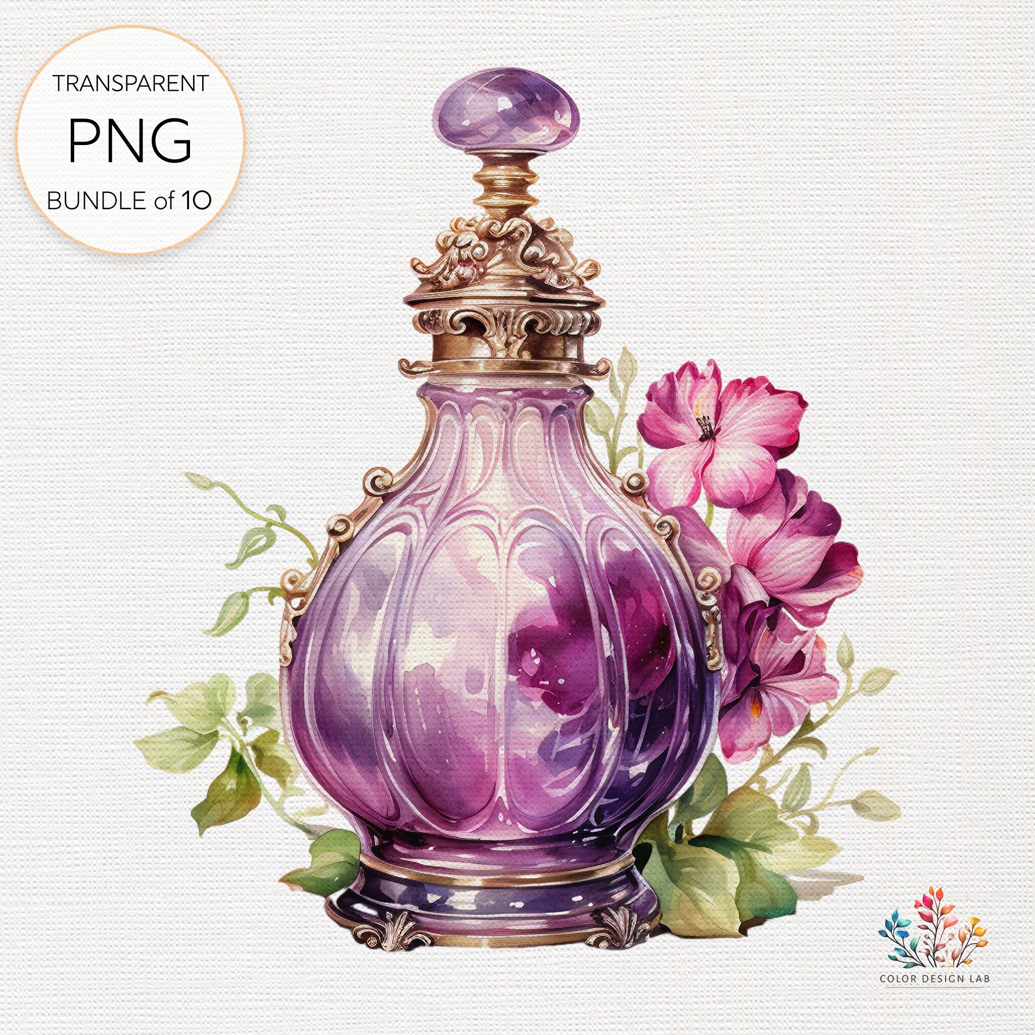 水彩画のヴィンテージ香水瓶、クラシックなフレグランスデザイン