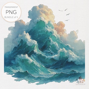 Océan orageux, mer nautique, clipart aquarelle, lot de 5 png transparents pour des projets créatifs et des conceptions