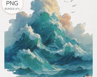 Stormy Ocean Watercolor Clipart Bundle: Nautical PNGs for DIY Designs