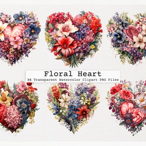 Blumen Herz Clipart Bundle von 36 Qualität transparent Blumenherz Aquarell Png digitaler Download kommerzielle Lizenz Download Blumenherz