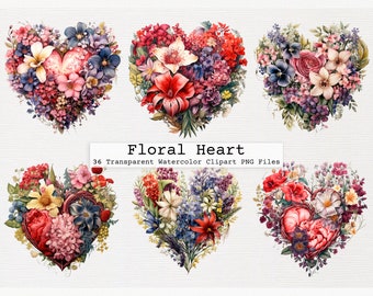 Floral Heart Clipart Bundle Of 36 Quality Transparent Floral Heart Watercolor Png Digital Download Commercial License Download Floral Heart