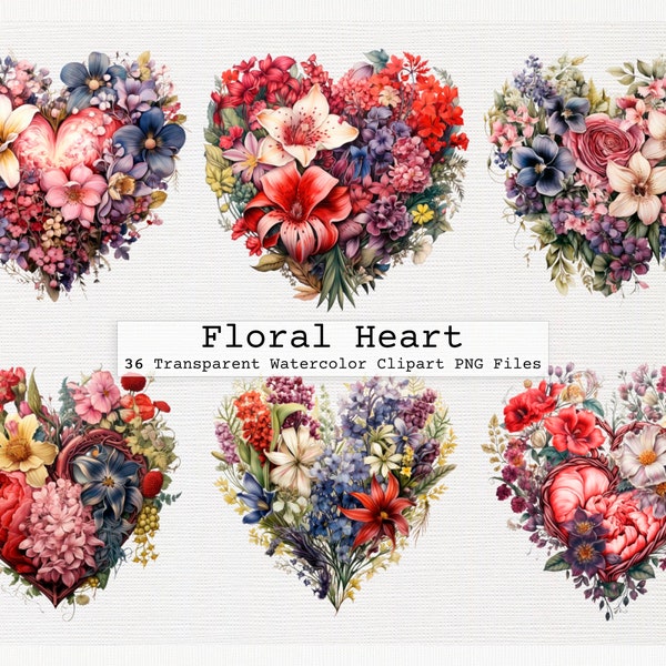 Floral Heart Clipart Bundle Of 36 Quality Transparent Floral Heart Watercolor Png Digital Download Commercial License Download Floral Heart