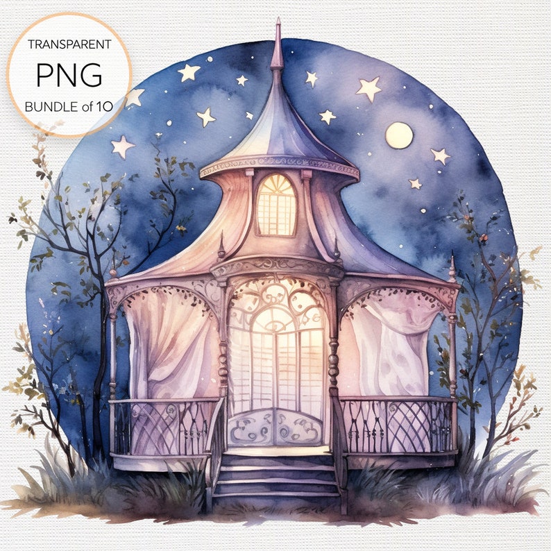 Set of 10 Watercolor Fairy Tent at Night Clipart Pngs for Enchanting ...