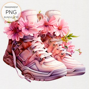 Rosa Blumen Sneakers Clipart - Modische Schuhe Illustration PNG Girly Schuh Grafiken für die kommerzielle Nutzung Transparent PNG digitaler Download