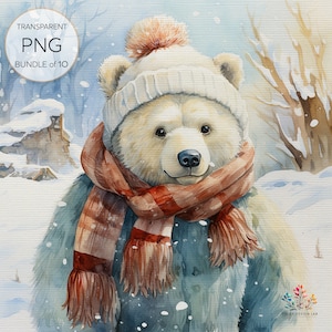 Clipart de urso polar de Natal, urso polar fofo com chapéu de Papai Noel, urso de Natal em aquarela, mídia mista,artesanato em papel digital,uso comercial png