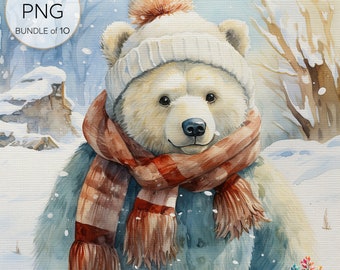 May include: A watercolor illustration of a white polar bear wearing a white knit hat with a brown pom-pom and a red and brown plaid scarf. The bear is standing in a snowy forest setting.