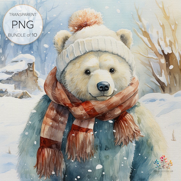 Christmas Polar Bear Clipart, Cute  Polar Bear in Santa Hat, Watercolor Christmas Bear, Mixed Media,Digital Paper Craft,Commercial Use PNG