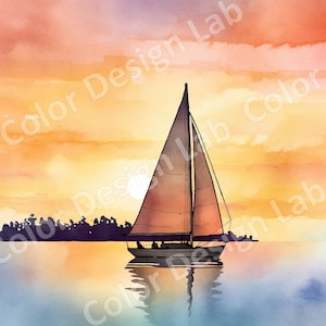 Segelboot Sonnenuntergang Silhouette Clipart, 8-teiliges Kunstpaket, hochauflösender digitaler Download, kommerzielle Nutzung, Wand Kunst druckbare Bilder