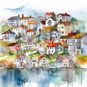 Ruhiges Küstendorf druckbare Clipart, Set von 8 hochauflösenden Bildern, digitaler Download, kommerzielle Nutzung, Landschaft Wandkunst