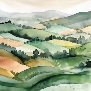 Acuarela de colinas onduladas color esmeralda, paisaje campestre pintado a mano, ilustración de prados verdes exuberantes, diseño de paisaje sereno y tranquilo