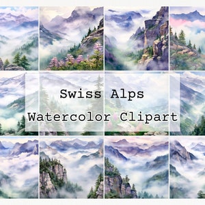 Schweizer Alpen Wand Kunst Aquarell Clipart von Schweizer Alpen Kommerzielle Lizenz PNG Schweizer Alpen Aquarell Kunst