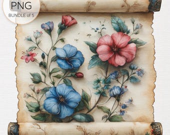 Watercolor Floral Scroll Clip Art: Vintage Boho PNG Designs