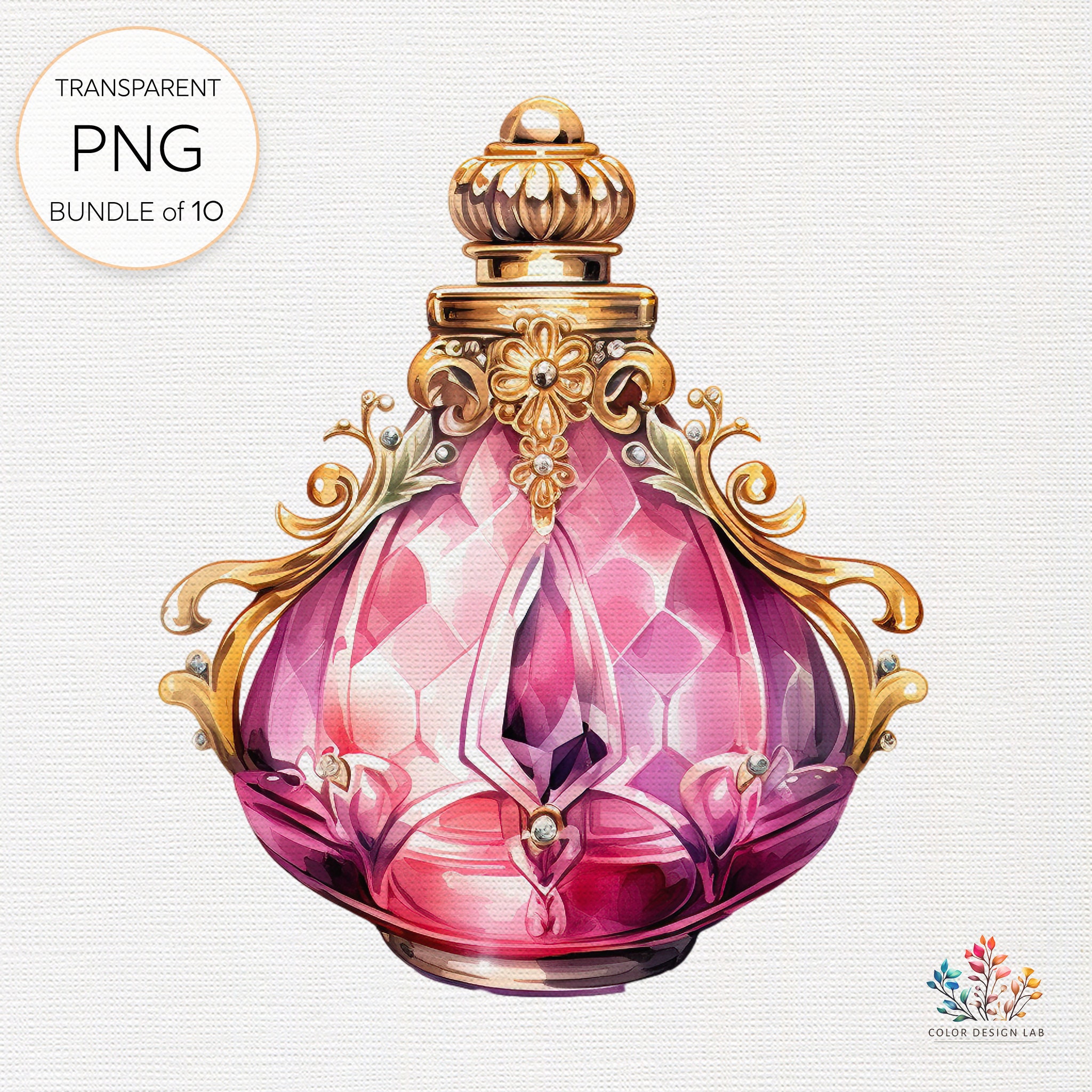 水彩画のヴィンテージ香水瓶、クラシックなフレグランスデザイン