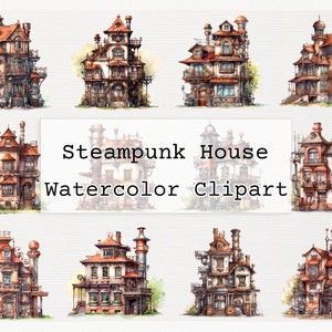 Steampunk House Clipart Watercolor Digital Download PNG Steampunk Building and Furniture Commercial License