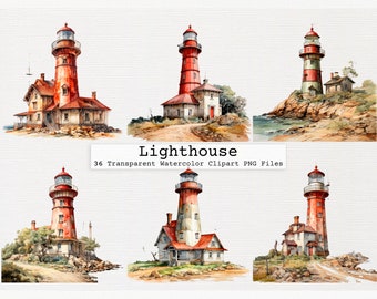 Watercolor Lighthouse Clipart Bundle, Transparent PNG Files (Commercial License)