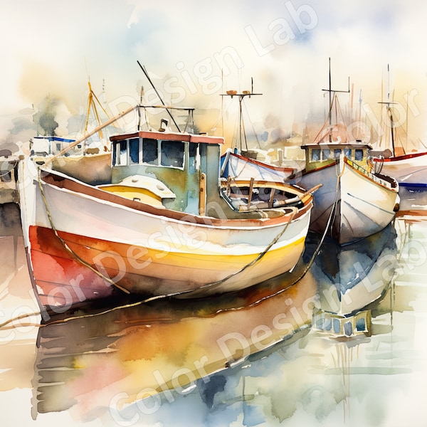 Clipart imprimable de bateaux de pêche au port, lot de 8 images haute résolution, téléchargement numérique, bateaux au port Art, usage Commercial