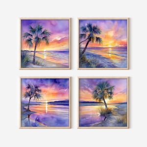 Goldener Strand Sonnenuntergang digitale Kunst, 4 hochauflösende druckbare Bilder, PNG Kunst sofortiger Download, kommerzielle Lizenz, tropische Wandkunst