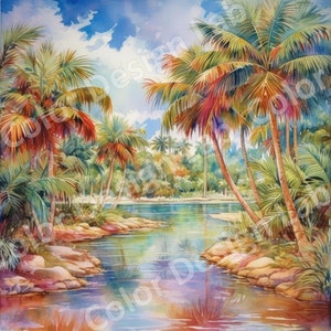 Floridas tropisches Paradies Clipart-Set, 8 lebendige PNGs von Palmen und Stränden, digitaler Download, kommerzielle Lizenz erlaubt