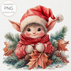 Lutin de Noël ludique clipart - lutins aquarelles, ensemble festif de techniques mixtes, création numérique en papier PNG, sublimation, usage Commercial